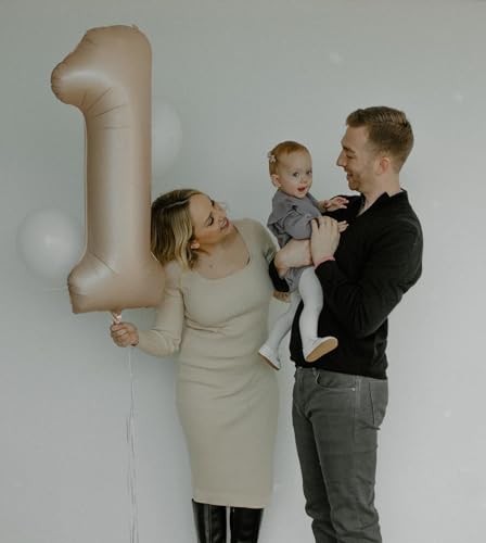 Image of 40 Inch Light Brown 1 Balloon for First Birthday, Tan 1st Number Balloons Khaki Birthday Decorations, Beige One Giant Number 1 Balloon