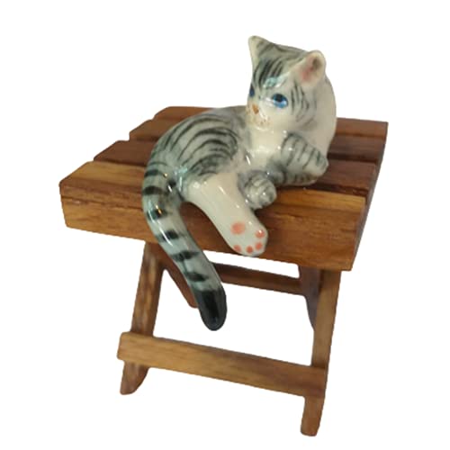 Cozinest Ceramic Tabby Cat Figurine Relaxed Gray Kitten Adorable Kitty Collectible Miniatures Dollhouse Hand Painted Animal Home Decor Or Gift For Lovers With Chair # 1, 1.3In X 1.5In X 1.5In (W-L-H) #TOP2