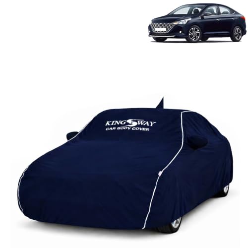 Image of KINGSWAY Super Waterproof Car Cover Only with Hyundai Verna (Year 2020 to 2023 - All Model) | Mirror and Antenna Pockets | All Weather Car Body Cover with Silver Piping | Blue