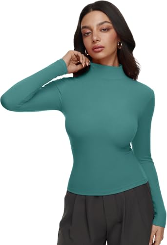 Image of REORIA Women's Turtleneck Tops Slim Basic Mock Neck Long Sleeve Shirts 2025 Fall Winter Layering Outfits