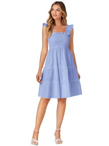 Image of Rooscier Women's Square Neck Smocked Ruffle Sleeveless Tiered A Line Sundress Mini Dress