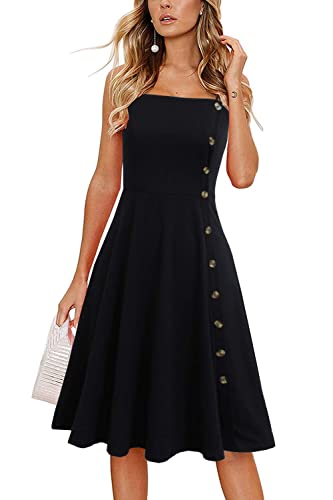 Women's Casual Summer Beach Flattering Flowy A-Line Spaghetti Straps Solid Cotton Button Down Midi Sundress3