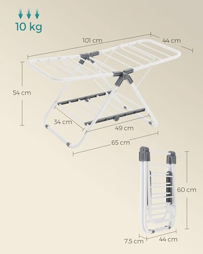 SONGMICS Wäscheständer klein, Faltbare Standtrockner mit 2 Flügeln, platzsparend, Metall, für kleine Kleidungsstücke, Handtücher, Badezimmer, Balkon, 44 x 101 x 54 cm, wolkenweiß LLR504W01