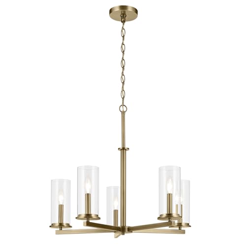 KICHLER Crosby 5-Light Chandelier with Clear Glass in Natural Brass, Modern Dining Room Light Fixture for Kitchen Island, Foyer, Living Room, Bedroom (26.25" x 22.5"), 43999NBR by Kichler - Used condition