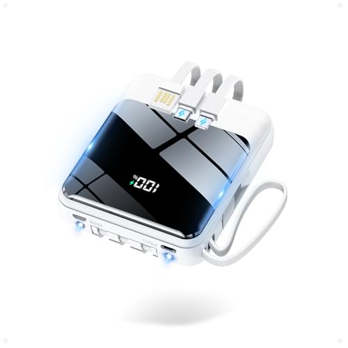 モバイルバッテリー 大容量 30000mAh 【22.5W/20W急速充電 4本ケーブル内蔵】 209g超軽量 小型 バッテリー 5台同時充電 Type-C出力 スマホ 充電器 LCD残量表示 LEDライト付き ストラップ付き 持ち運び 携帯充電器 停電対策 アウトドア/旅行/出張/防災/緊急用 iOS/Android各種他対応 機内持込可 (高級白い)