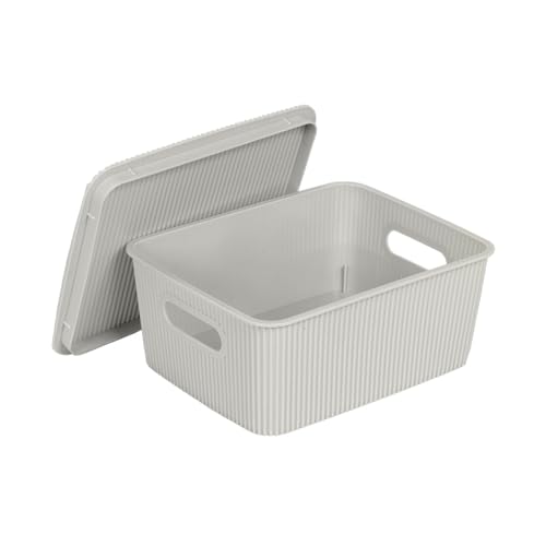 Glad Storage Baskets with Lids - Set of 6 Stackable Plastic Boxes with Handles - Decorative Shelf Organizer Bins for Bathroom and Closet, Grey, 1 Gallon by Glad - Image 3