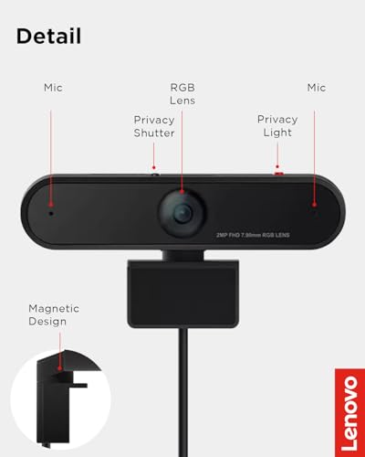 Image of Lenovo HD 1080p Webcam (LC50) - Monitor Camera with 90 Wide Angle, Dual Microphones & Smart Video Capture - Magnetic Desktop Cam w / Privacy Shutter & Light for Virtual Class, Meetings & Conferences
