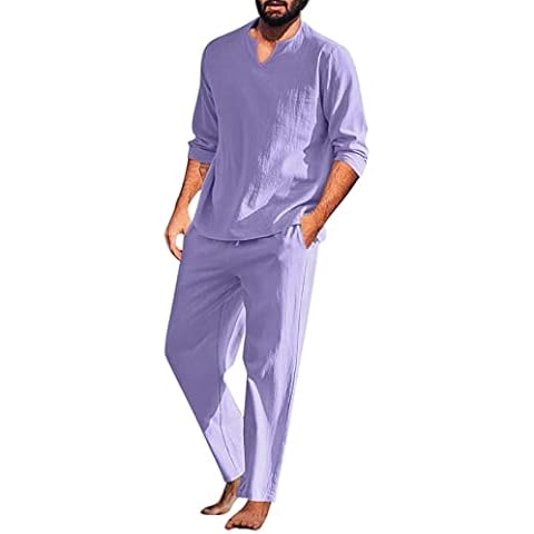 Conjunto de pijama retro de Beokeuioe para hombre de lino de algodón Cover