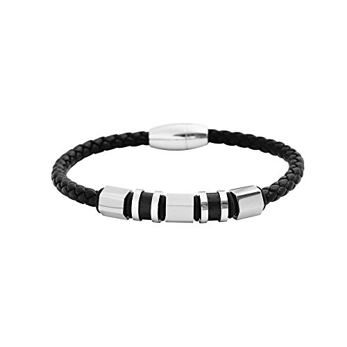 Geoffrey Beene Men's Braided Genuine Leather and Stainless Steel Filigree Accents Bracelet with Magnet Closure, Silver