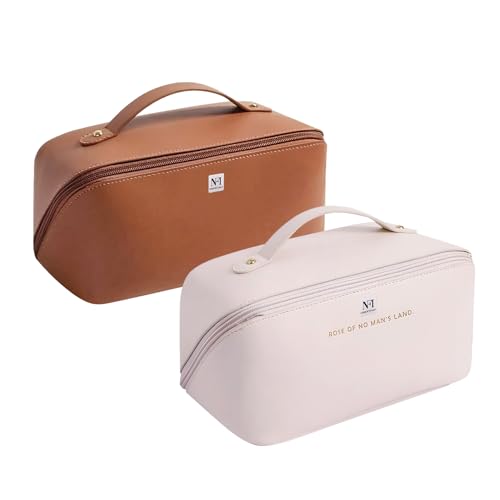 Image of NFI Essentials Pack of 2 Cosmetic Travel Organizer Bag, Women's Makeup Pouch Toiletry Bag Portable Leather Wide Opening Cosmetics Bag with Handle and Divider, 8Cm, Assorted