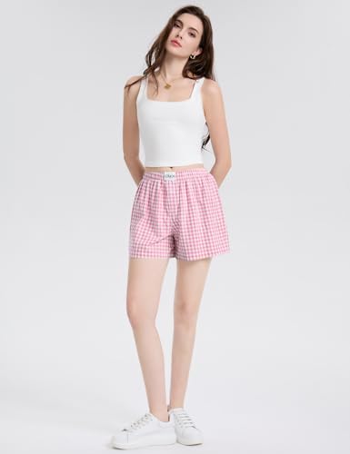 Image of LOMON Boxer Shorts for Women Summer Gingham Pajamas 2026 Lounge Sleep Pj Plaid Shorts Y2K Beach Bottoms with Pockets