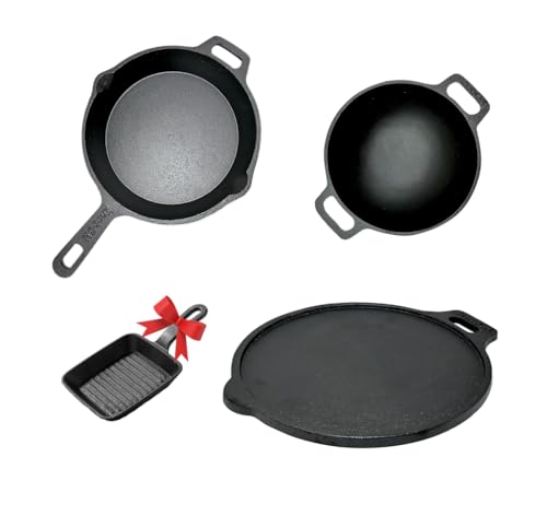 KnobON 7 Layer Pre-Seasoned Cast Iron Cookware Set + Free Mini Grill Pan| Tawa (27 cm)+ Kadai (22cm 1.4L)+ FryPan (26 cm 1.5L) Kitchen Cooking Combo Pots & Pans Set of 4 Pcs, Black KnobON 7 Layer Pre-Seasoned Cast Iron Cookware Set + Free Mini Grill Pan| Tawa (27 cm)+ Kadai (22cm 1.4L)+ FryPan (26 cm 1.5L) Kitchen Cooking Combo Pots & Pans Set of 4 Pcs, Black