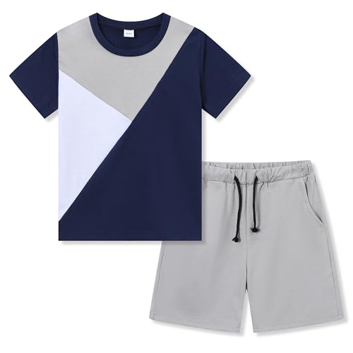Image of Ayzozuy Boys 2-Piece Summer Outfit Set - Short Sleeve T-Shirt & Color Block Shorts Toddler Kid Casual Daily Wear(4-5t)