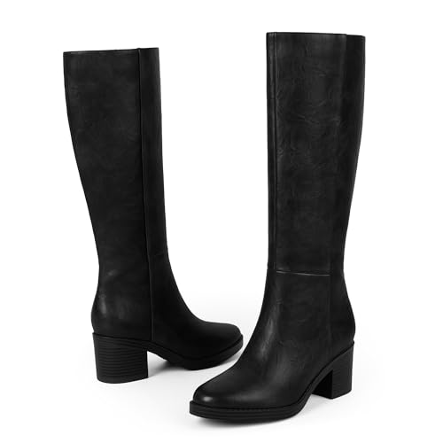 Image of Easyfox Womens Knee High Boots Chunky Low Heel Round Toe Tall Long Boots | Balanced Low Block Heel, Roomy Round Toe, Anti-slip Rubber Outsole, Fashion Heeled Dressy Fall Winter Long Boots for Women