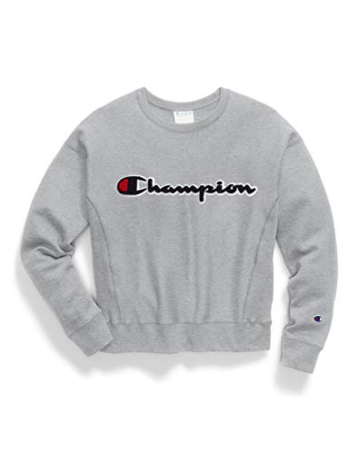 CHAMPION Champion Womens Reverse Weave Chenille Script Spellout Logo Crewneck Sweatshirt-OXFORD GREY_L