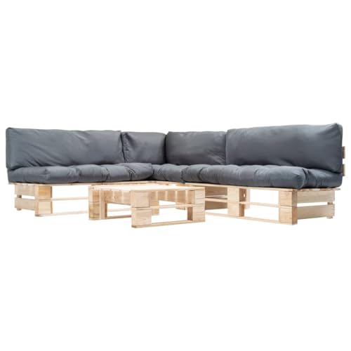 Teenpull Salon de Jardin Palette 4 pièces avec Coussins Gris en Bois de pin imprégné 220x176x65 cm Ensemble canapé d'angle, Table Basse, mobilier...