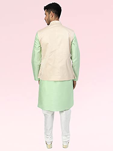 Image of Uri and MacKenzie Men's Silk Blend Regular Kurta Churidar Pyjama with Bundi Nehru Jacket /Waistcoat