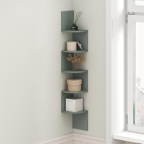 Image of Furinno Rossi Floating Book Shelves for Wall, 5-Tier Zigzag Corner Shelf Wall Mounted, Radial Corner Floating Shelf, for Living Room, Bedroom, Bathroom, Home Office, Sage Green