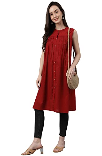 Image of Janasya Women's Maroon Dobby Cotton Solid Gathered Tunic