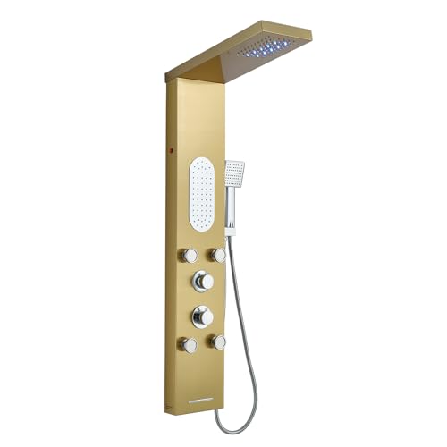 MENATT LED Lights Shower Panel Tower System with Rainfall Shower Head,5 Body Jets and Handheld Shower Head,Modern Massage Shower System Brushed Gold