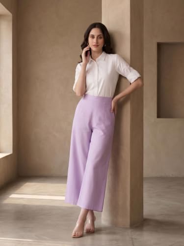 Image of SAADAA Women's Relaxed Fit Mid Rise Airy Linen Wide Leg Pants, High Waist Trousers for Formal, Casual & Office Wear