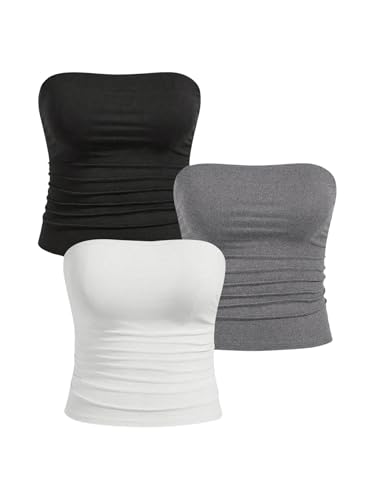 SOLY HUX Women's Plus Size 3 Packs Tube Tops Ruched Strapless Bandeau Slim Fitted Crop Tank Top