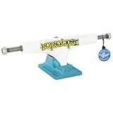 Independent Camions Mark Gonzales Pro Stage 4 avec cintre imprimé blanc plat, plaque de base bleue à texture fine avec tampon Shmoo, coussins jaunes imprimés logo et porte-clés en aluminium gravé au laser.