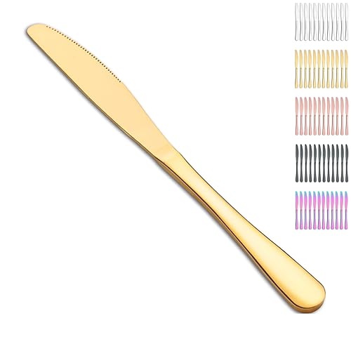 Evanda Gold Dinner Knifes 12 Pieces, Table Knife, Gold Titanium Plating Stainless Steel Steak Knives Cutlery Set, Butter Knives Set, Dishwasher Safe