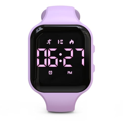 Focwony Kinder-LED-Fitness-Tracker-Uhr, Schrittzähleruhr Digitaluhr, Armbanduhr, Schrittzähler/Entfernung/Kalorien/Wecker, Tolles Geschenk für Kinder Teenager Mädchen Jungen (Lila-Quadrat)