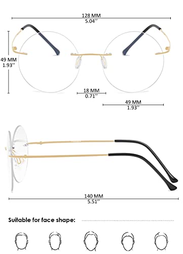 KOOSUFA Round Rimless Titanium Reading Glasses Blue Light Blocking for Men Women Lightweight Fashion Frameless Eyeglasses Readers Eyewear Transparent Golden 2.0 - Image 2
