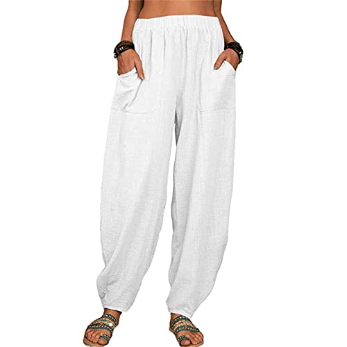Pantalon Lin Large Femme Coton Grande Taille Fluide Décontracté Pantalon Sarouel Léger avec Poches Pantalon (Blanc, S)
