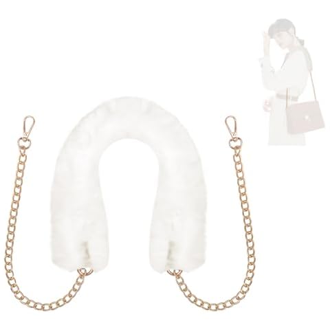 Fluffy Purse Chain-Warm Comfortable Stylish Bag Chain Strap Replacement in Autumn and Winter,Vegan Fur&Gold Chain Shoulder Straps Crossbody and Shoulder Bags,DIY Accessory for Womens Handbags-White Cover