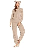 HOTIAN Fleece Onesie Pajamas for Women Fuzzy Sherpa Hooded Romper One Piece Winter Sleepwear Flannel Pajama Jumpsuit(Khaki-M)