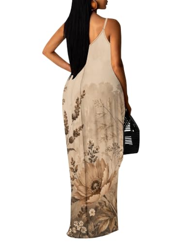 Image of Women's Summer Maxi Dress Spaghetti Strap Floral Boho Beach Long Sundress with Pockets