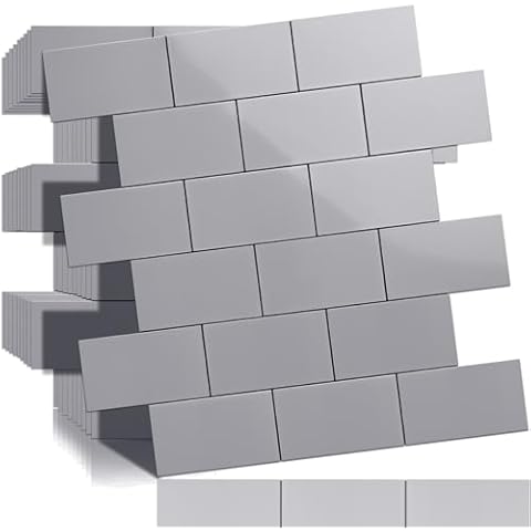 DICOFUN 10-Sheet Polished Grey Thick PVC Peel and Stick Backsplash, Realistic Ceramic Tile Look Subway Tile, White Kitchen Backsplash Peel and Stick Wall Tiles Cover