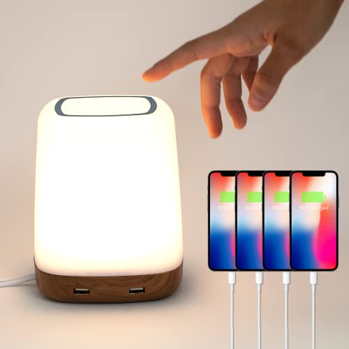 Macally LED Table Lamp with USB Port (4 Fast Charge Ports) - 3 Level Brightness Touch Sensor Control - Small Bedside Lamp with USB Port & (2700K) Warm White - LED Desk Lamp with USB Charging Port