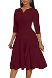CLOCOR Midi Dresses for Women Casual Fit and Flare A-Line Pleated Swing Dress 3/4 Sleeve V Neck Church Cocktail Dress Burgundy M