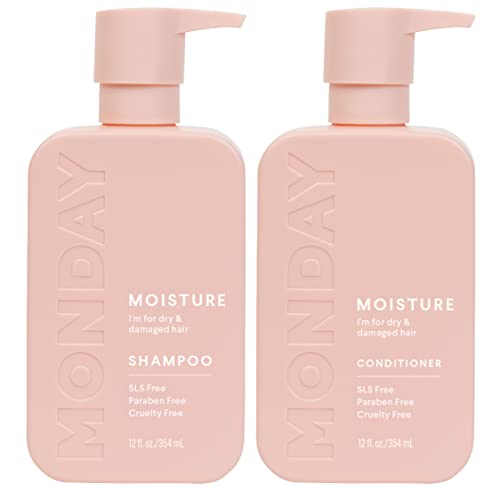 MONDAY HAIRCARE Moisture Shampoo + Conditioner Set (2 Pack) 12oz Each for Dry, Coarse, Stressed, Coily & Curly Hair, Made from Coconut Oil, Rice Protein, Shea Butter, & Vitamin E, All-Natural
