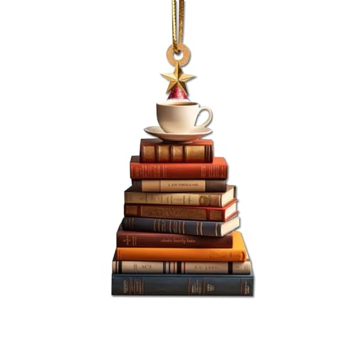 Christmas Book Tree Ornament, Book Lovers Ornament Christmas Coffee Tree Bookshelf Ornament, Acrylic Tree Pendant Gift for Her Librarian, Reading Vintage Book Christmas Ornament for Christmas Decors