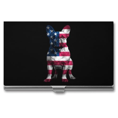 DULAHR French Bulldog American Flag Business Card Holder Pocket Business Card Case Metal Case Name Card Holder Men Women