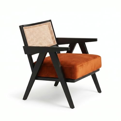 Image of Kingsman Furnitures ABEL Rattan Teak Wood Accent Arm Chair for Home Bedroom, Living, Drawing Room | Ultra Soft Comfortable for Stress Free | Removable Cushion (Black Natural Cane Burnt Orange Velvet)