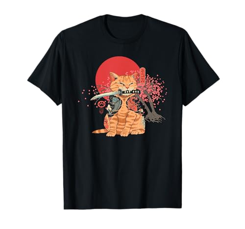 Japonés Sakura Tree Samurai Ninja Cat Kawaii Tatuaje Gráfico Camiseta