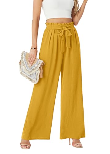 FREEOAK Women's Cotton Linen Summer Palazzo Printed Pants Flowy Wide Leg Beach Pants with Pockets, 11-yellow, Small