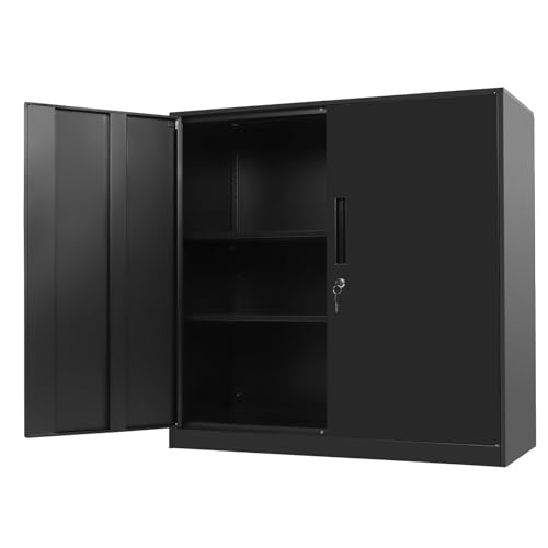 Chiidou Heavy-Duty Steel Storage Cupboard with Lock, 3-Tier Adjustable Shelving Filing Cabinet Unit for Office Files, Home Garage & School Organisation Black