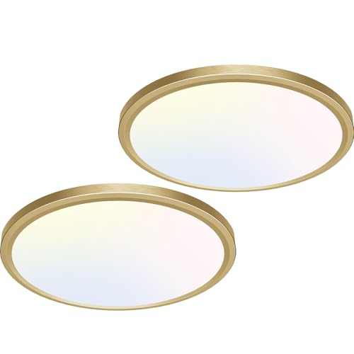 Image of libtit 12 Inch LED Ceiling Light Golden, 28W 3200lm Aureate Flush Mount Ceiling Light, 3 Color Temperature 3000K /4500K /6000K, Gilded Round Flat Light Fixture for Kitchen Bathroom Shower, 2Pack