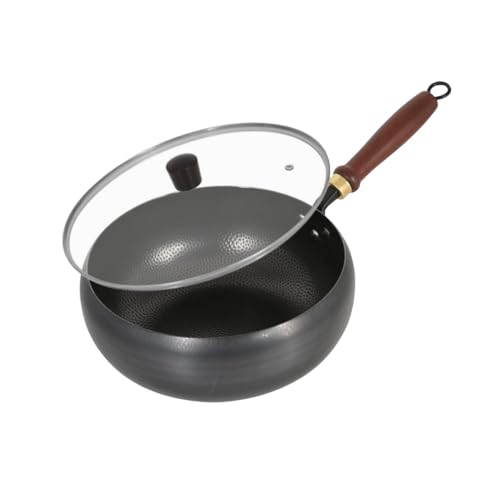 MORLU 鉄鍋 中華鍋 鉄製大容量 無塗層 高温精錬 油ハネ防止設計 ガス・IH対応 プロ仕様 家庭用フライパン 炒め鍋野菜炒め 焼く 茹でる 煮る 揚 (24cmガラスカバー付き)