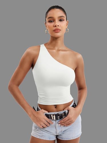 YEOREO Womens One Shoulder Tops Sleeveless Going Out Tank Top Fanciy Double Lined Cropped Tee Y2K Summer Shirts Slim Fit2