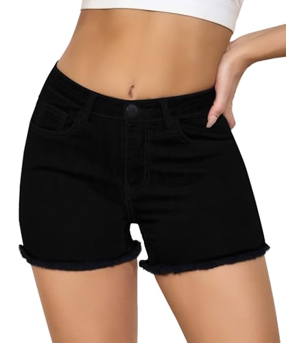 Image of VIPONES Women Mid Rise Jeans Shorts Frayed Raw Hem Summer Stretchy Casual Denim Shorts