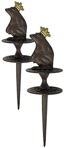 BestNest Esschert Cast Iron Frog Prince Garden Hose Guides, 2-Pack Decorative Staked Hose Protectors with Crowned Frog Toppers, Heavy-Duty Cast Iron Scrollwork Hose Guide Set