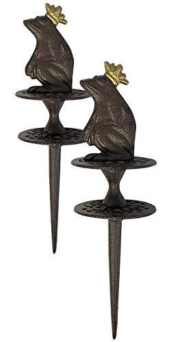 BestNest Esschert Cast Iron Frog Prince Garden Hose Guides, 2-Pack Decorative Staked Hose Protectors with Crowned Frog Toppers, Heavy-Duty Cast Iron Scrollwork Hose Guide Set